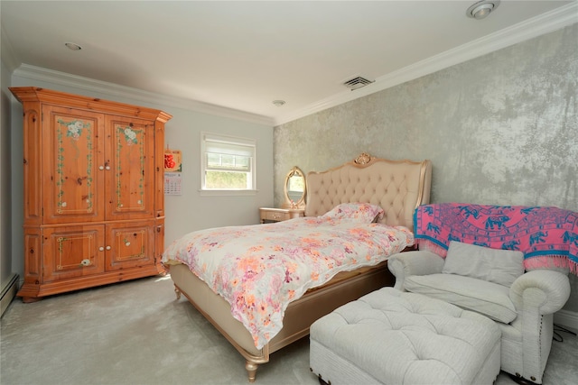 bedroom with ornamental molding, light colored carpet, and visible vents