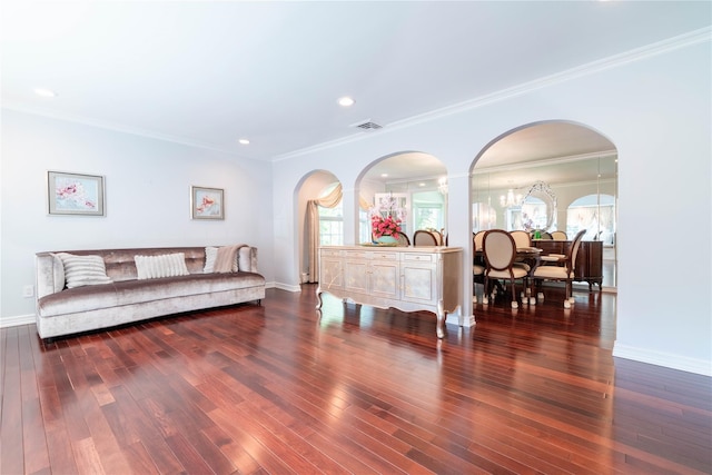 5 Samuel Ct, Syosset, NY 11791 - living room with arched walkways, wood-type flooring, baseboards, ornamental molding, and recessed lighting