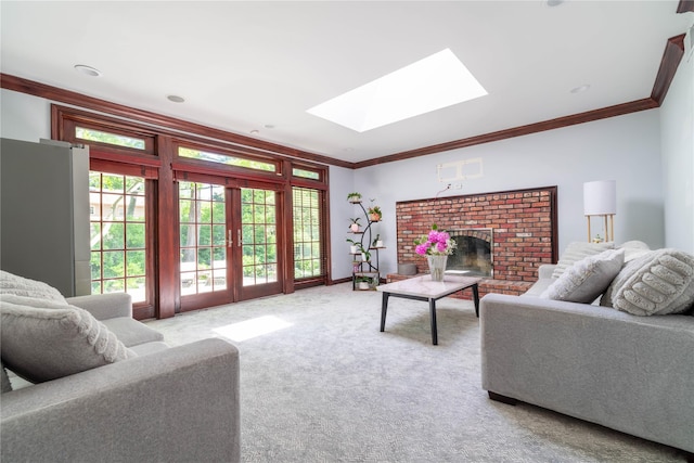 5 Samuel Ct, Syosset, NY 11791 - carpeted living room with a skylight, crown molding, a brick fireplace, and plenty of natural light