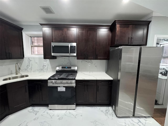 527 E 5th St, Brooklyn, NY 11218 - kitchen featuring marble finish floor, ornamental molding, visible vents, a sink, and stainless steel appliances