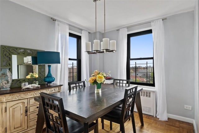 dining room featuring baseboards and radiator