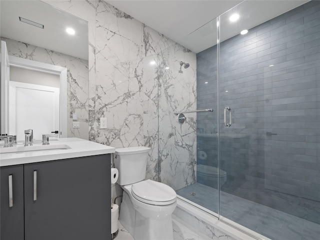 5 N Hills Rd, East Norwich, NY 11732 - bathroom with marble tiled floors, toilet, vanity, a stall shower, and tile walls