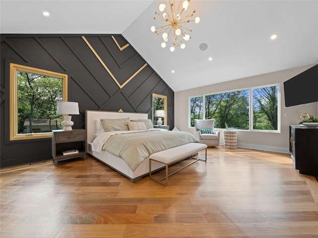 5 N Hills Rd, East Norwich, NY 11732 - bedroom featuring vaulted ceiling, a chandelier, baseboards, recessed lighting, and wood finished floors