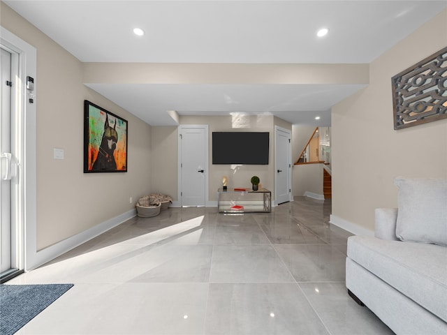 5 N Hills Rd, East Norwich, NY 11732 - living area featuring stairs, baseboards, recessed lighting, and light tile patterned floors