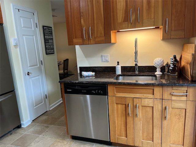 140A Laurance Ln, Ridge, NY 11961 - kitchen featuring appliances with stainless steel finishes, a sink, dark stone counters, and brown cabinets