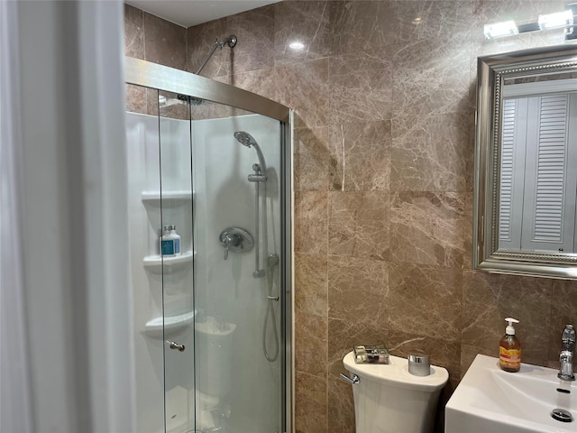 140A Laurance Ln, Ridge, NY 11961 - full bath featuring a stall shower, toilet, tile walls, and a sink