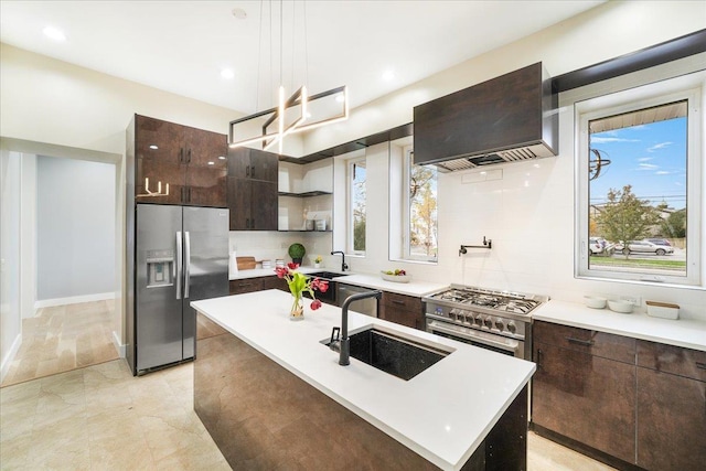 260 Main St, Goshen, NY 10924 - kitchen with a sink, wall chimney range hood, open shelves, dark brown cabinets, and appliances with stainless steel finishes