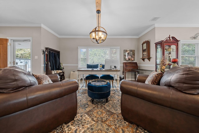 142 Rte 25a, Shoreham, NY 11786 - living area with a chandelier, plenty of natural light, crown molding, and a desk