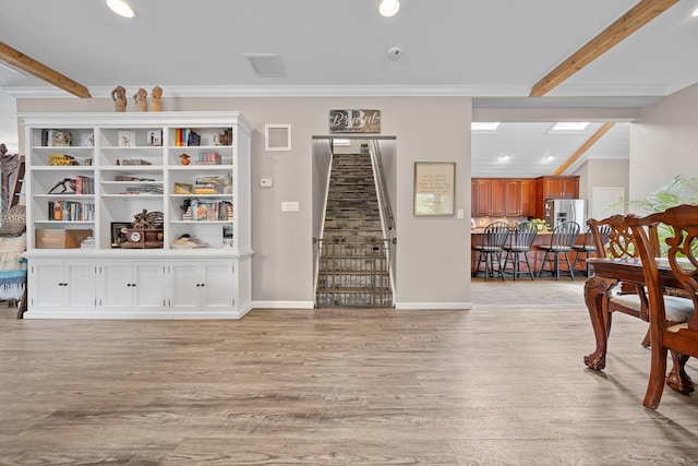 142 Rte 25a, Shoreham, NY 11786 - foyer entrance with beam ceiling, stairs, light wood-style floors, baseboards, and recessed lighting