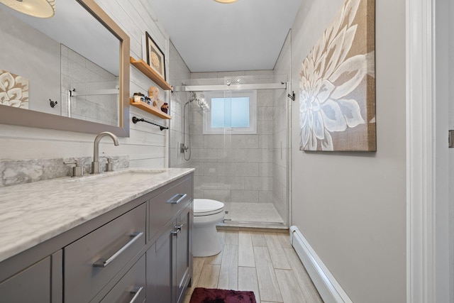 142 Rte 25a, Shoreham, NY 11786 - bathroom with toilet, a stall shower, vanity, and wood tiled floors