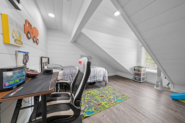 142 Rte 25a, Shoreham, NY 11786 - office space with wooden ceiling, wood finished floors, wood walls, vaulted ceiling, and recessed lighting