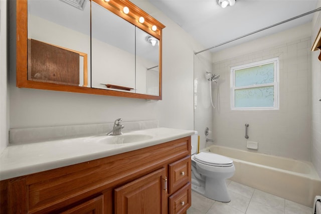 full bathroom featuring baseboard heating, toilet, tile patterned flooring, vanity, and bathing tub / shower combination