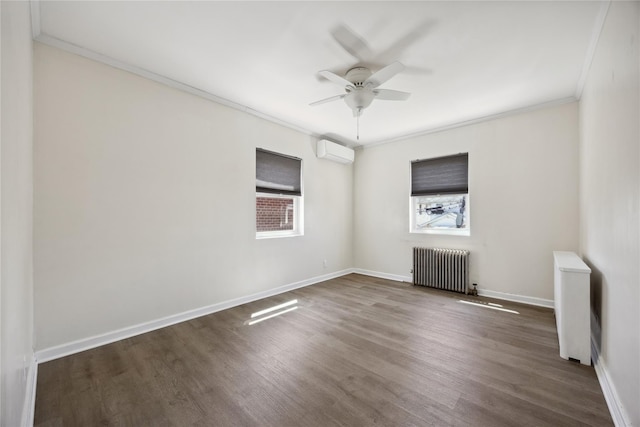 43-28 196th St, Flushing, NY 11358 - spare room with crown molding, an AC wall unit, radiator, a ceiling fan, and wood finished floors