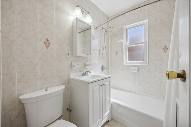 43-28 196th St, Flushing, NY 11358 - bathroom with vanity, tile patterned flooring, toilet, tile walls, and shower / washtub combination