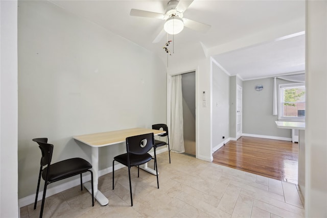 43-28 196th St, Flushing, NY 11358 - dining space with crown molding, baseboards, and ceiling fan