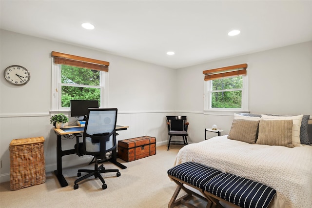 bedroom featuring a wainscoted wall, carpet floors, recessed lighting, and a desk