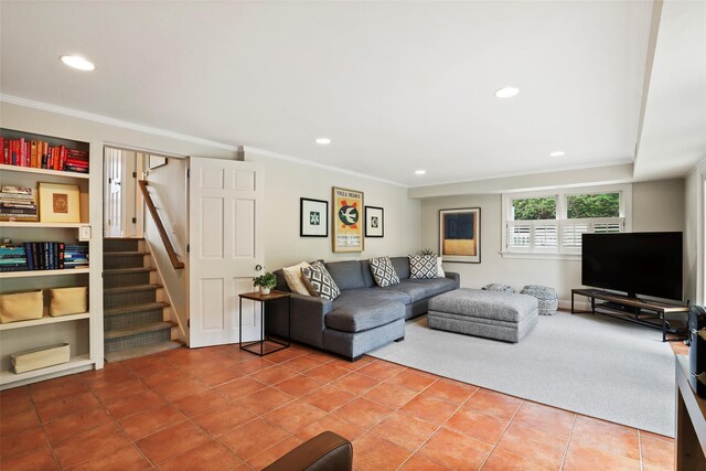 tiled living area with ornamental molding, stairway, and recessed lighting