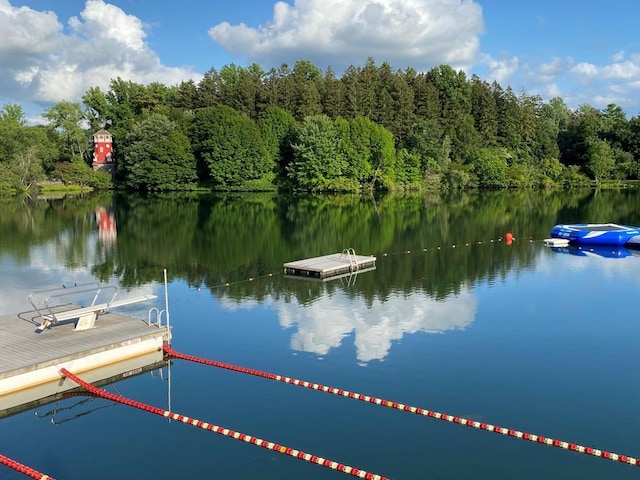 dock featuring a water view and a wooded view