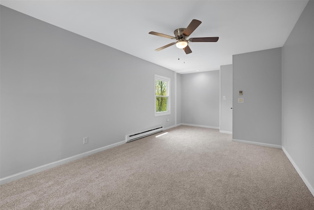 empty room featuring light colored carpet, a ceiling fan, baseboards, and a baseboard heating unit