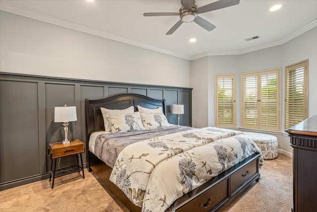 bedroom with recessed lighting, crown molding, and ceiling fan
