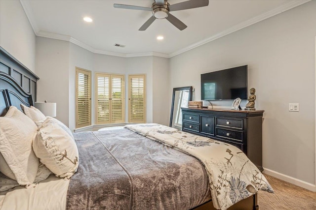 carpeted bedroom featuring baseboards, recessed lighting, ornamental molding, and ceiling fan