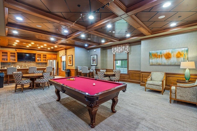 playroom featuring coffered ceiling, carpet floors, billiards table, beam ceiling, and ornamental molding