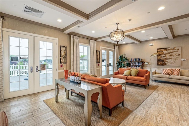 building lobby with coffered ceiling, beamed ceiling, crown molding, and recessed lighting