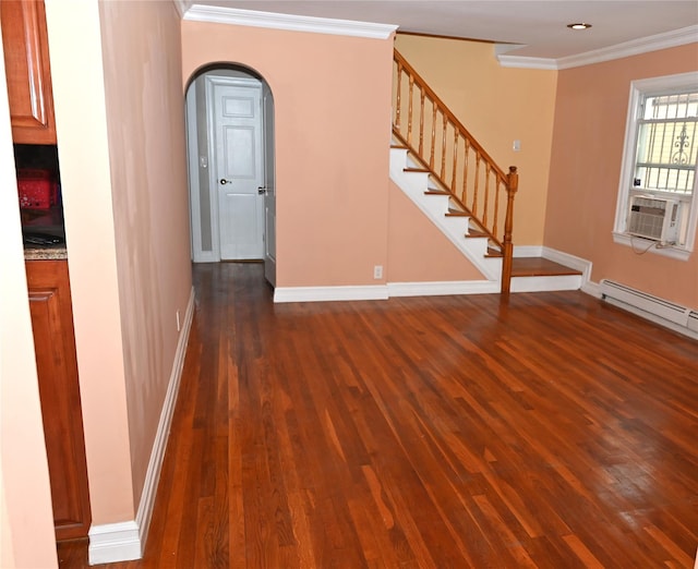 foyer featuring crown molding, stairs, baseboards, dark wood-type flooring, and arched walkways