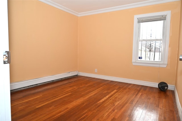 empty room with baseboards, dark wood finished floors, crown molding, and a baseboard heating unit