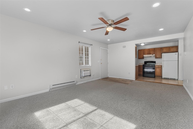 311 Fox Run Ln, Carmel, NY 10512 - unfurnished living room with a baseboard radiator, recessed lighting, a ceiling fan, baseboards, and light carpet