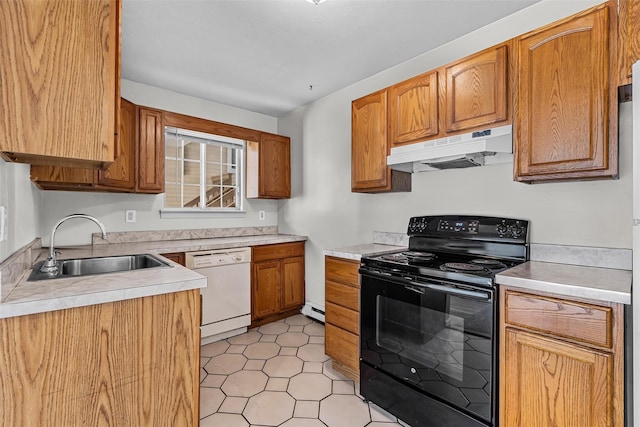 311 Fox Run Ln, Carmel, NY 10512 - kitchen featuring black range with electric stovetop, under cabinet range hood, white dishwasher, a sink, and light countertops
