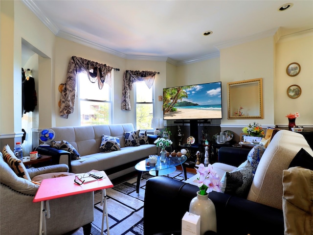living room with ornamental molding