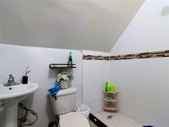 bathroom with a sink, vaulted ceiling, and toilet