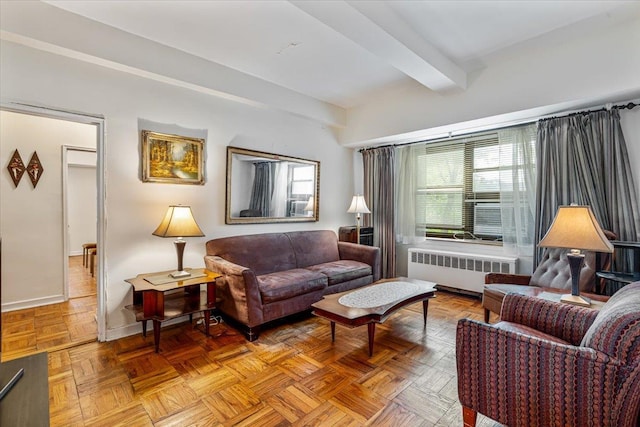 62-15 53rd Ave Unit Lgd, Maspeth, NY 11378 - living room with radiator heating unit, beam ceiling, and baseboards