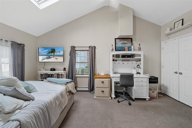 bedroom featuring baseboard heating, light carpet, a closet, a desk, and high vaulted ceiling