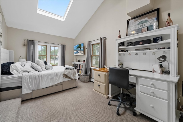 carpeted bedroom with a skylight, an office area, high vaulted ceiling, and a baseboard heating unit