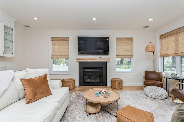 4 Haring Ave, Sparkill, NY 10976 - living area with healthy amount of natural light, a glass covered fireplace, recessed lighting, wood finished floors, and baseboards