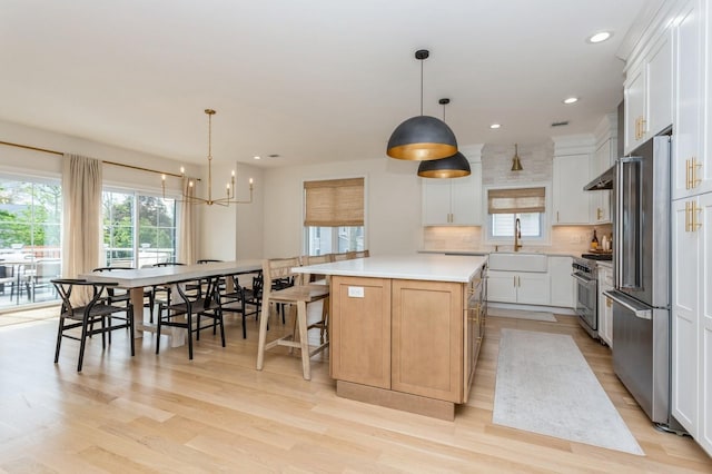 4 Haring Ave, Sparkill, NY 10976 - kitchen with a sink, premium appliances, light wood finished floors, a center island, and decorative backsplash