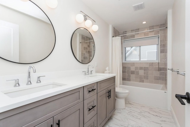 4 Haring Ave, Sparkill, NY 10976 - bathroom with double vanity, toilet, shower / tub combo, marble finish flooring, and baseboards