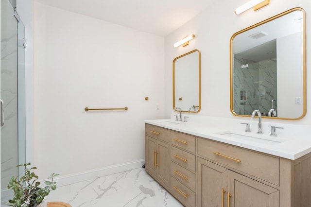 4 Haring Ave, Sparkill, NY 10976 - bathroom with marble look tiles, a marble finish shower, double vanity, and baseboards