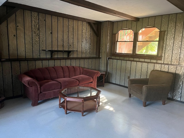 45 Princeton Dr, Tappan, NY 10983 - living area with wooden walls and beam ceiling