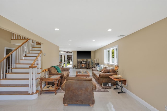 12 Barbera Rd, Commack, NY 11725 - living room featuring stairs, recessed lighting, baseboards, and light tile patterned floors