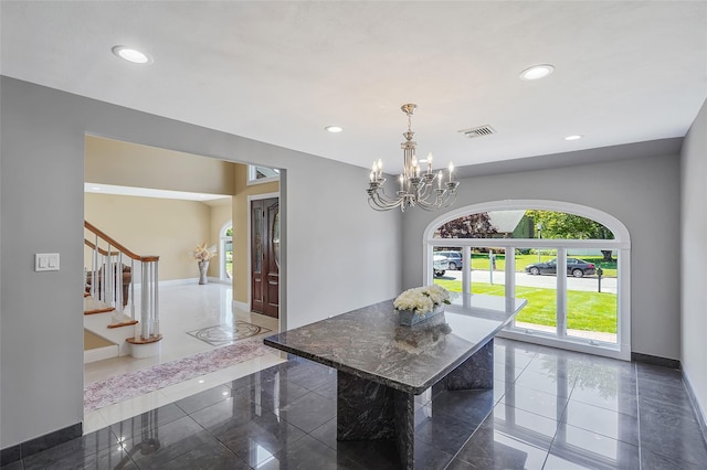 12 Barbera Rd, Commack, NY 11725 - dining area featuring baseboards, a chandelier, recessed lighting, and stairway