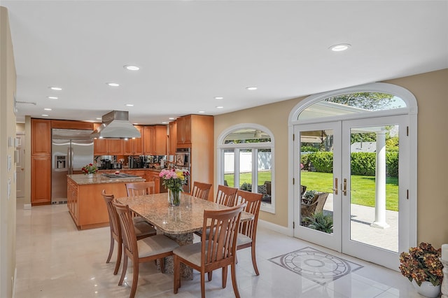 12 Barbera Rd, Commack, NY 11725 - dining room with plenty of natural light, recessed lighting, french doors, baseboards, and light tile patterned floors