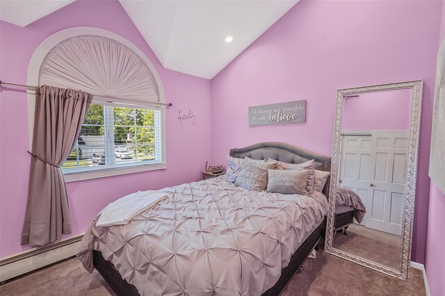 12 Barbera Rd, Commack, NY 11725 - carpeted bedroom featuring vaulted ceiling, a baseboard radiator, and recessed lighting