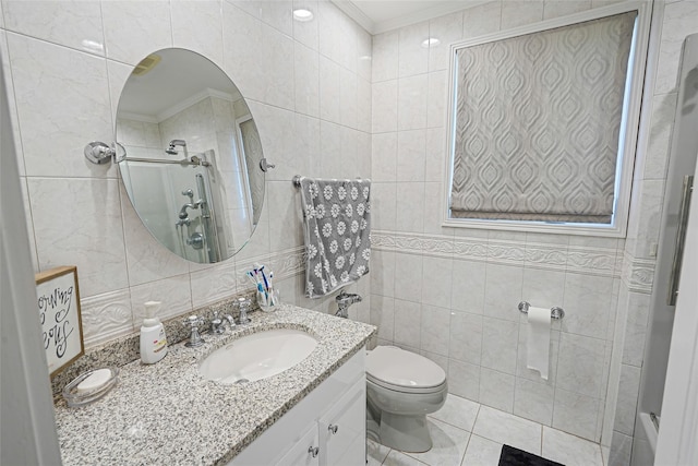 12 Barbera Rd, Commack, NY 11725 - bathroom with tile walls, vanity, a shower, ornamental molding, and toilet