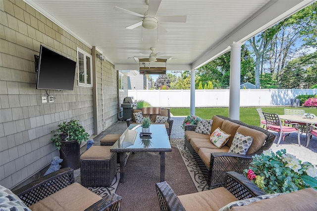 12 Barbera Rd, Commack, NY 11725 - view of patio / terrace with an outdoor hangout area, outdoor dining area, a ceiling fan, and area for grilling
