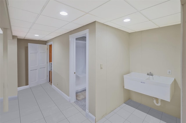 12 Barbera Rd, Commack, NY 11725 - bathroom with a drop ceiling, tile patterned floors, baseboards, recessed lighting, and a sink