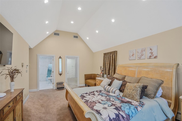 12 Barbera Rd, Commack, NY 11725 - bedroom featuring light carpet, high vaulted ceiling, recessed lighting, connected bathroom, and baseboards