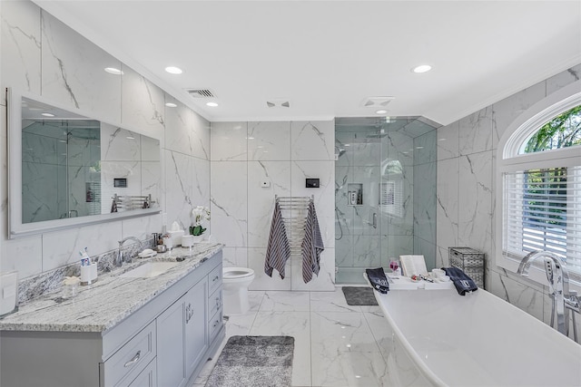 12 Barbera Rd, Commack, NY 11725 - bathroom featuring tile walls, marble tiled flooring, vanity, a marble finish shower, and a freestanding bath